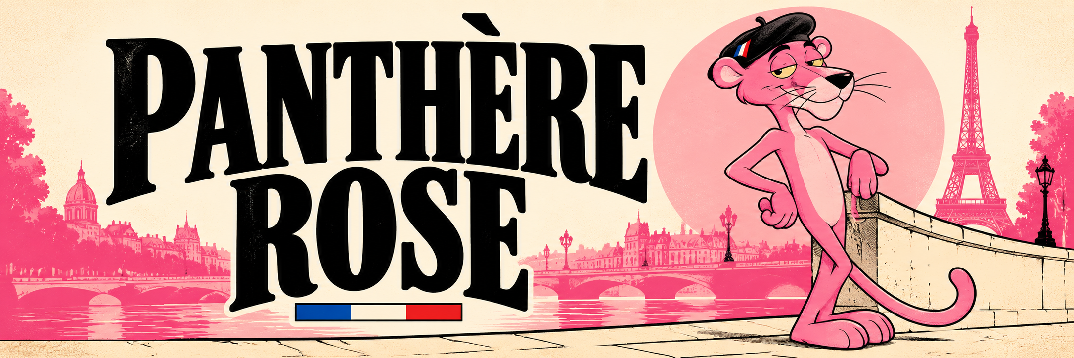 Panthère Rose banner featuring the mascot and Paris skyline
